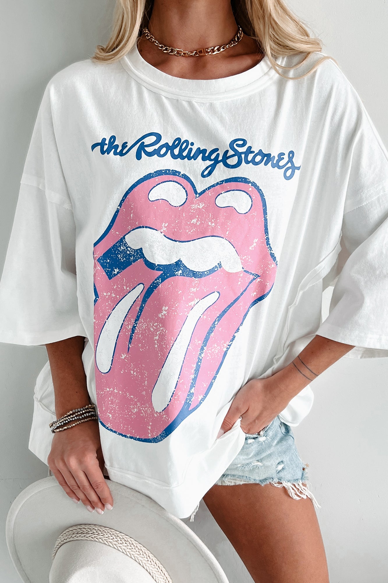 Turnt Up Tunes Oversized "Rolling Stone" Graphic Tee (White) - NanaMacs