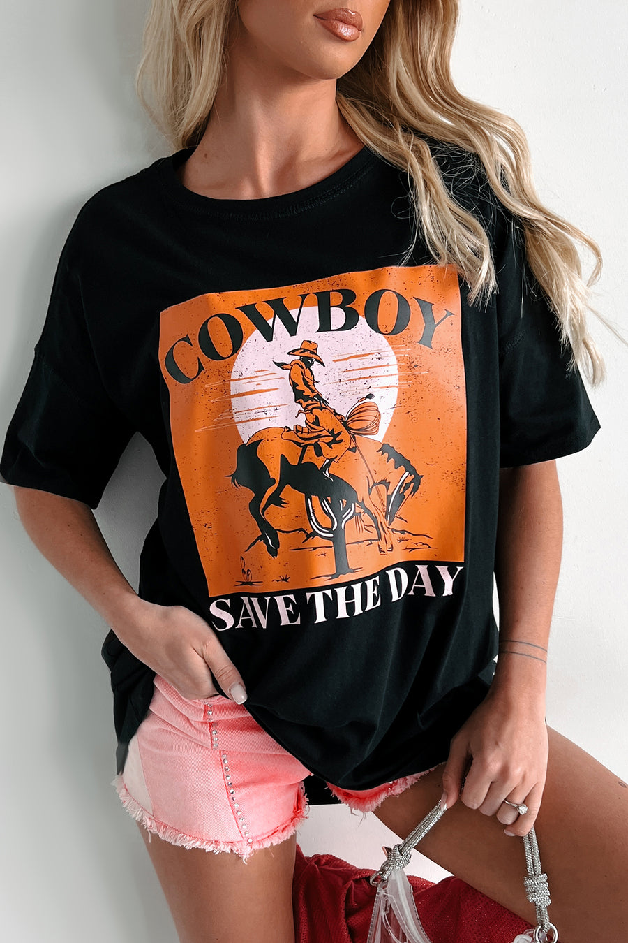 "Cowboy Save The Day" Oversized Graphic T-Shirt Dress (Black) - Print On Demand - NanaMacs