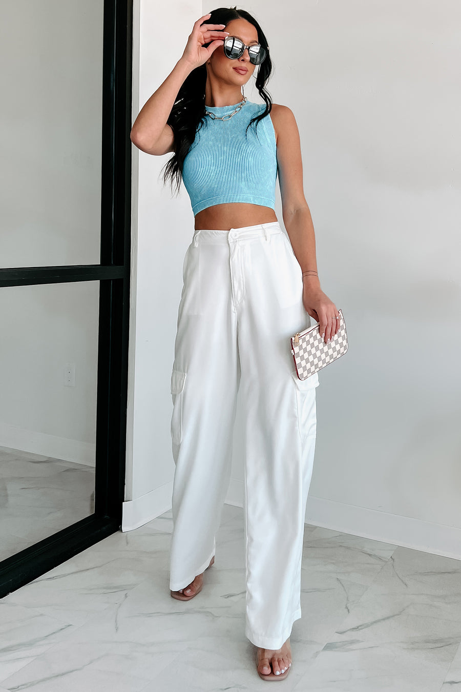 Clearing The Air Wide Leg Satin Cargo Pants (Off White)