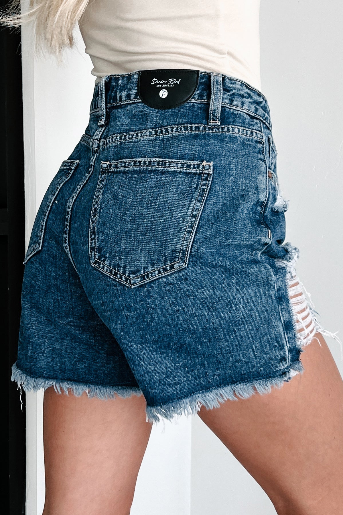 Krista High Rise Distressed Denim Shorts (Medium Denim) - NanaMacs