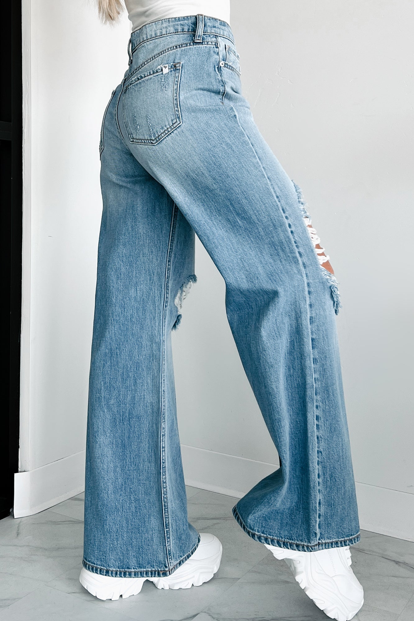 Kyra High Rise Distressed Wide Leg Sneak Peek Jeans (Medium Light)