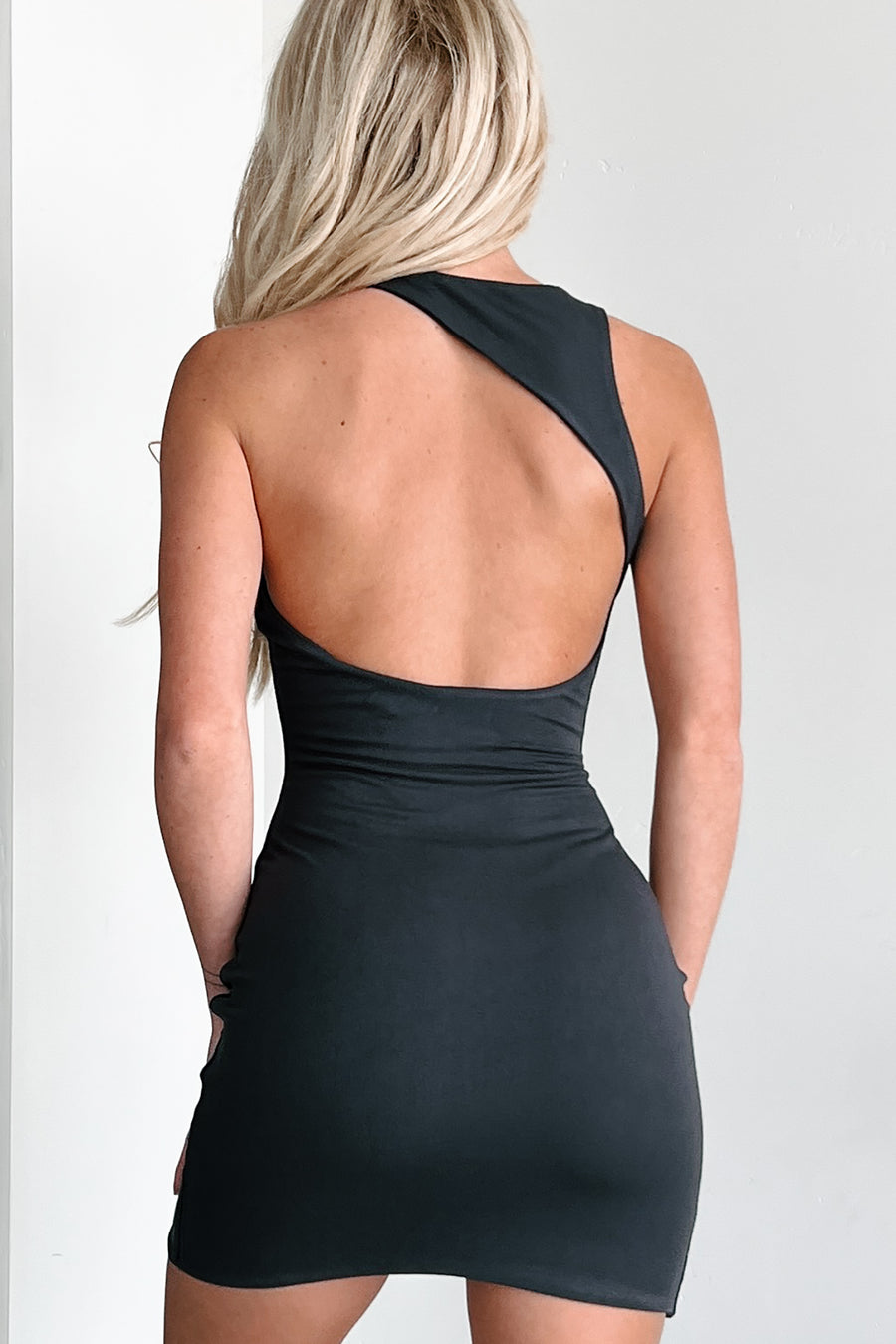 Ready For Compliments Asymmetric Back Mini Dress (Charcoal)