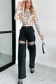 Ships By 5/20 Blowing Your Mind Slit-Front Wide Leg Rhinestone Jeans (Black) - NanaMacs