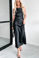 Getting Serious Draped Back Satin Midi Dress (Black) - NanaMacs