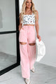 Ships By 5/20 Blowing Your Mind Slit-Front Wide Leg Rhinestone Jeans (Pink) - NanaMacs