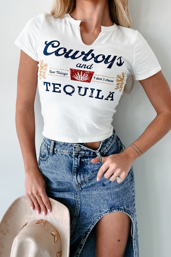 "Cowboys & Tequila" Notched Neck Graphic Crop Tee (Ivory) - NanaMacs