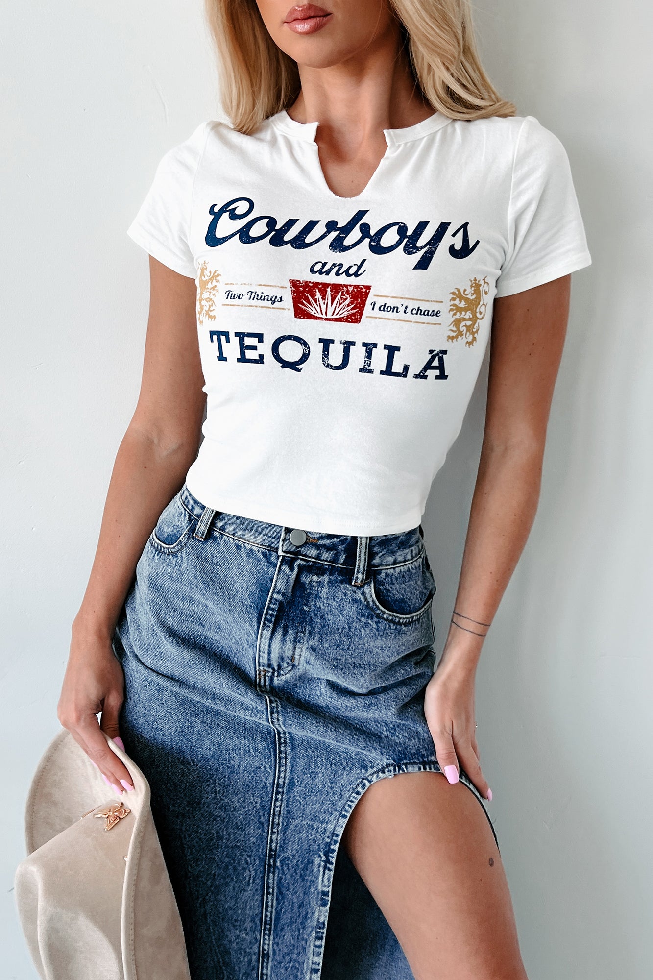 "Cowboys & Tequila" Notched Neck Graphic Crop Tee (Ivory) - NanaMacs
