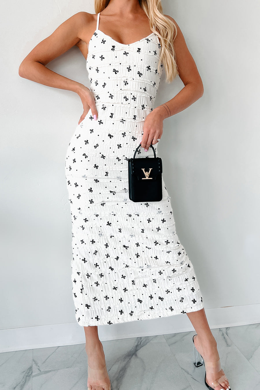 Charming Inclination Bow Print Ruffle Maxi Dress (Ivory) - NanaMacs