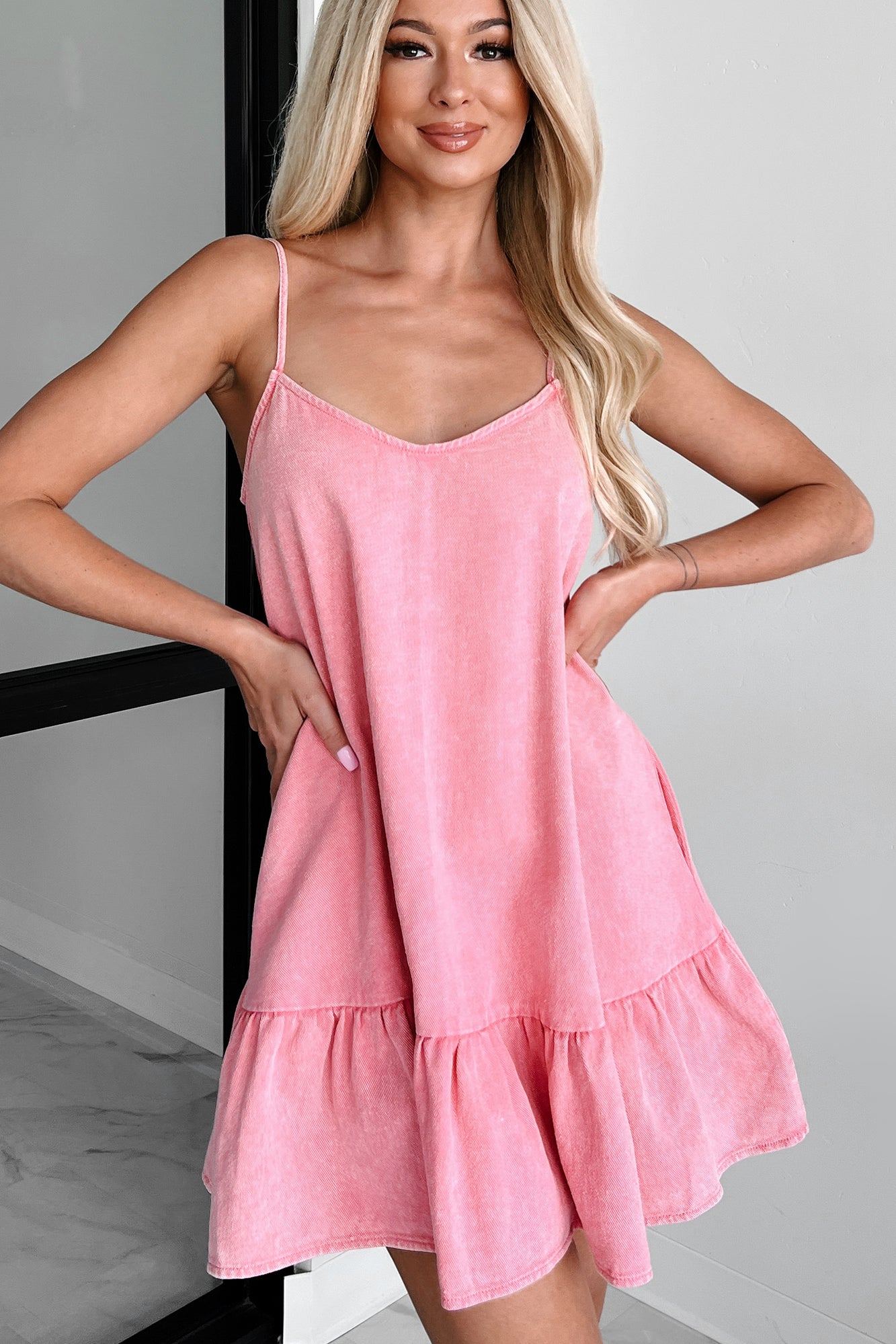 Your Forever Crush Washed Denim Mini Dress (Acid Pink) - NanaMacs