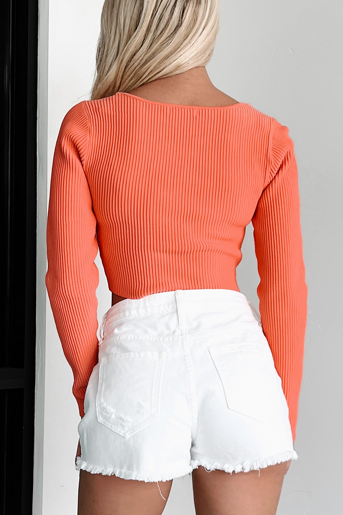 Exceptional Simplicity Square Neck Long Sleeve Crop Top (Salmon) - NanaMacs