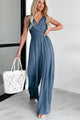 Elite Style Satin Ruched Wide Leg Jumpsuit (Navy) - NanaMacs