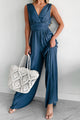 Elite Style Satin Ruched Wide Leg Jumpsuit (Navy) - NanaMacs