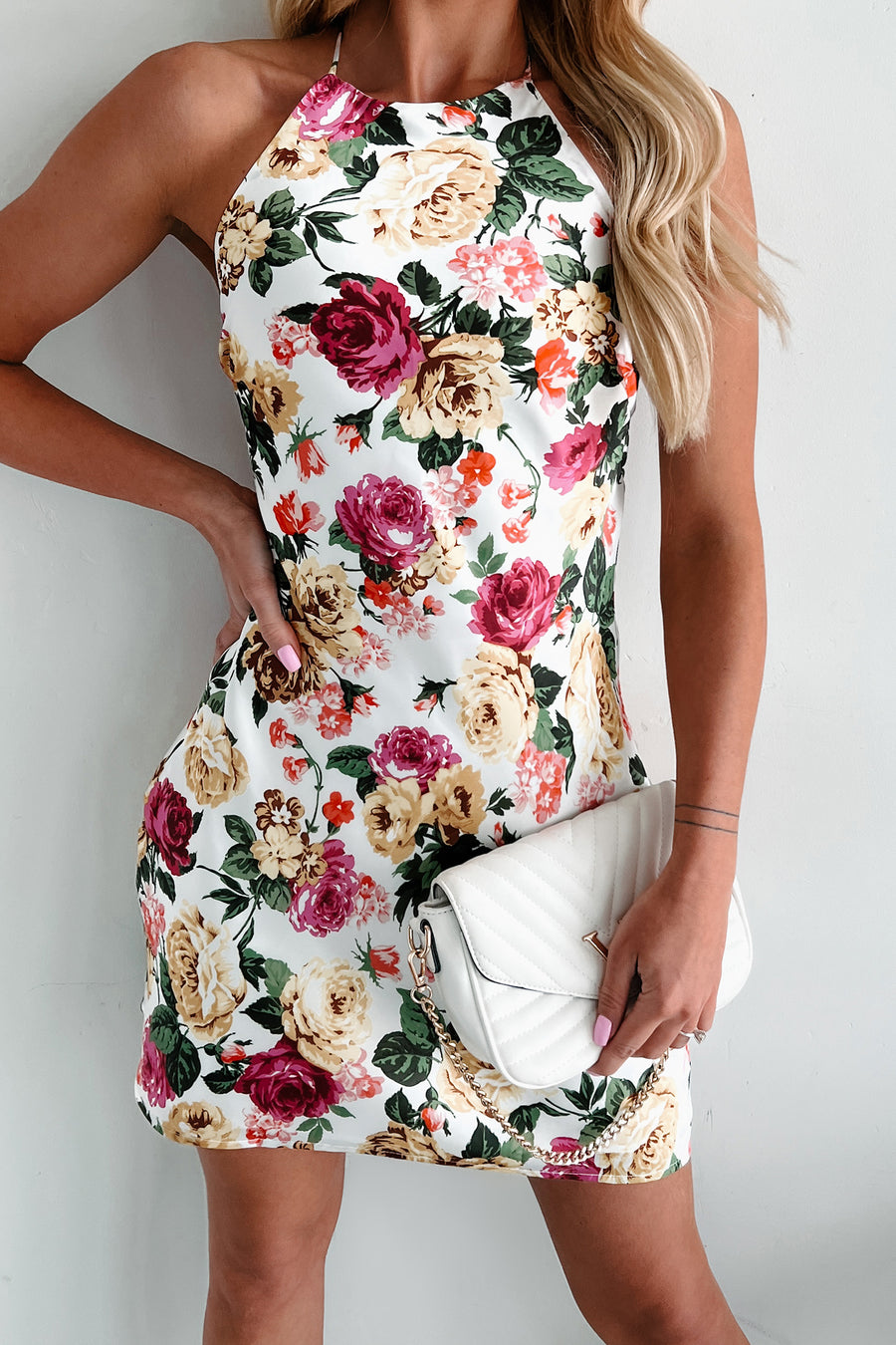 Blooming Elegance Halter Floral Mini Dress (Multi) - NanaMacs
