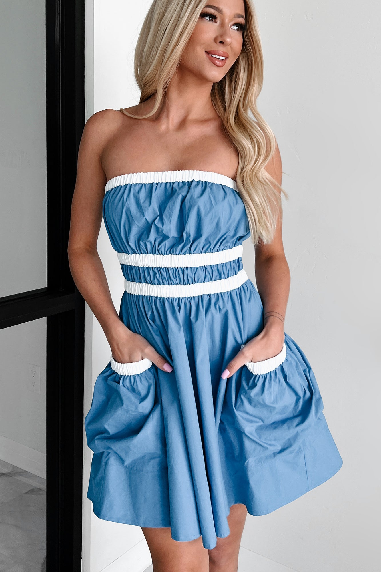 Making Life Great Strapless Mini Dress (Blue/White) - NanaMacs