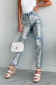 Dazzled High Rise Sequin Straight Leg Jeans (Silver/Light Wash) - NanaMacs