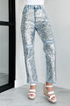 Dazzled High Rise Sequin Straight Leg Jeans (Silver/Light Wash) - NanaMacs