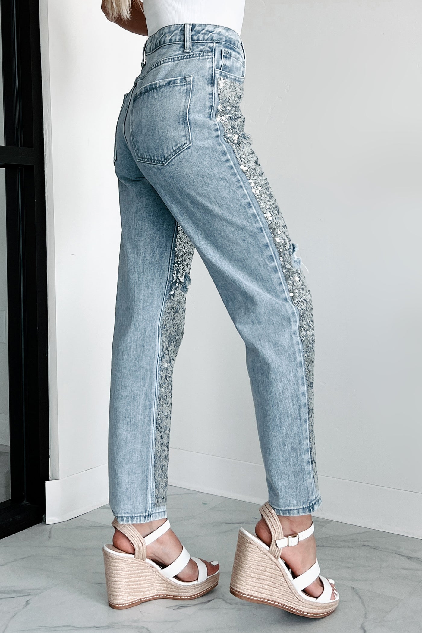 Dazzled High Rise Sequin Straight Leg Jeans (Silver/Light Wash) - NanaMacs