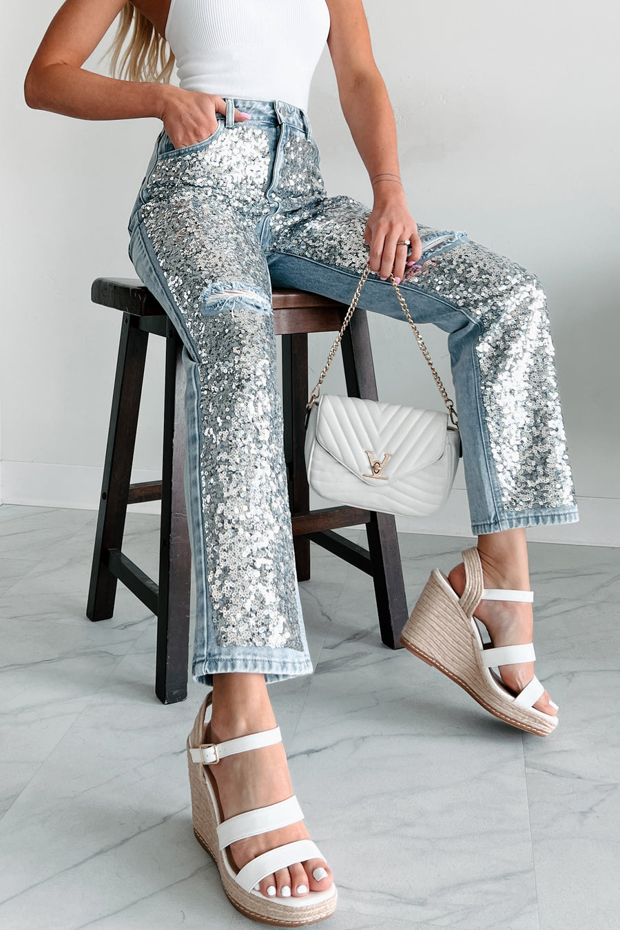 Dazzled High Rise Sequin Straight Leg Jeans (Silver/Light Wash) - NanaMacs