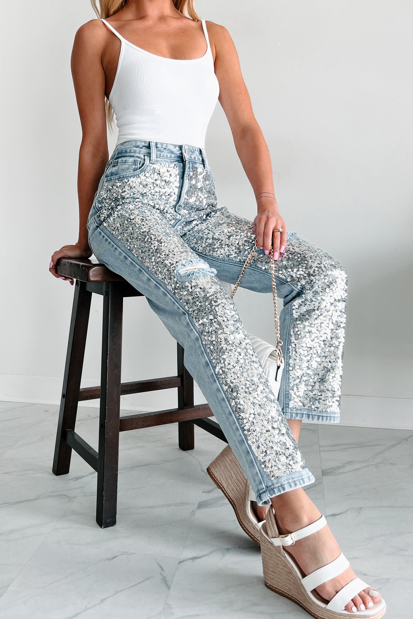 Dazzled High Rise Sequin Straight Leg Jeans (Silver/Light Wash) - NanaMacs