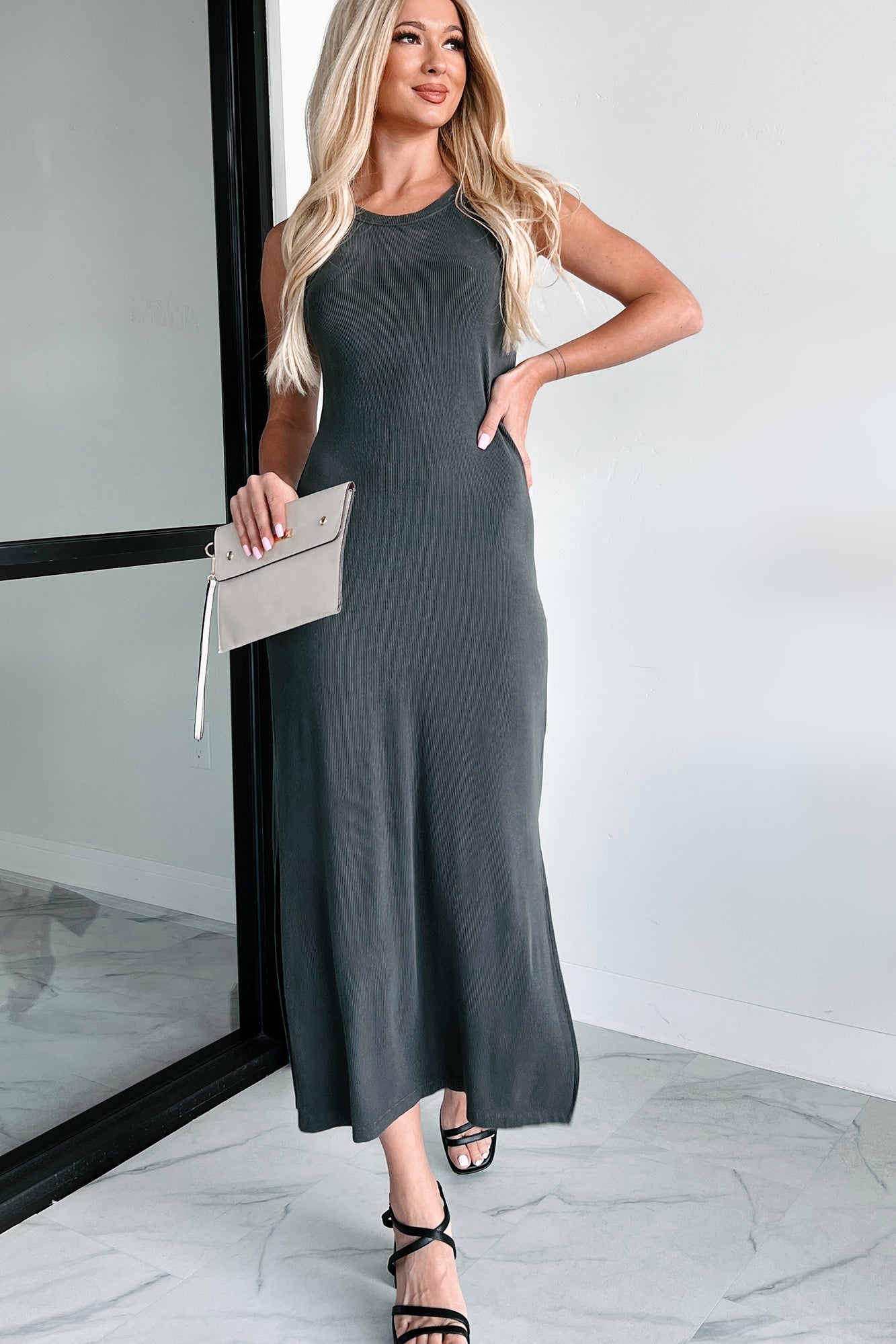 Chances Are Ribbed Tank Midi Dress (Charcoal) - NanaMacs