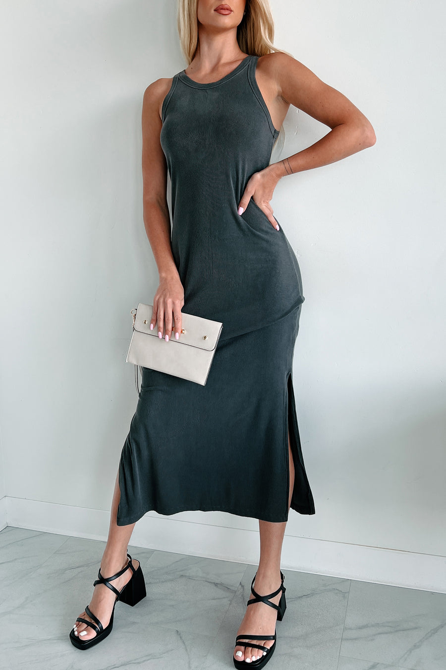 Chances Are Ribbed Tank Midi Dress (Charcoal) - NanaMacs