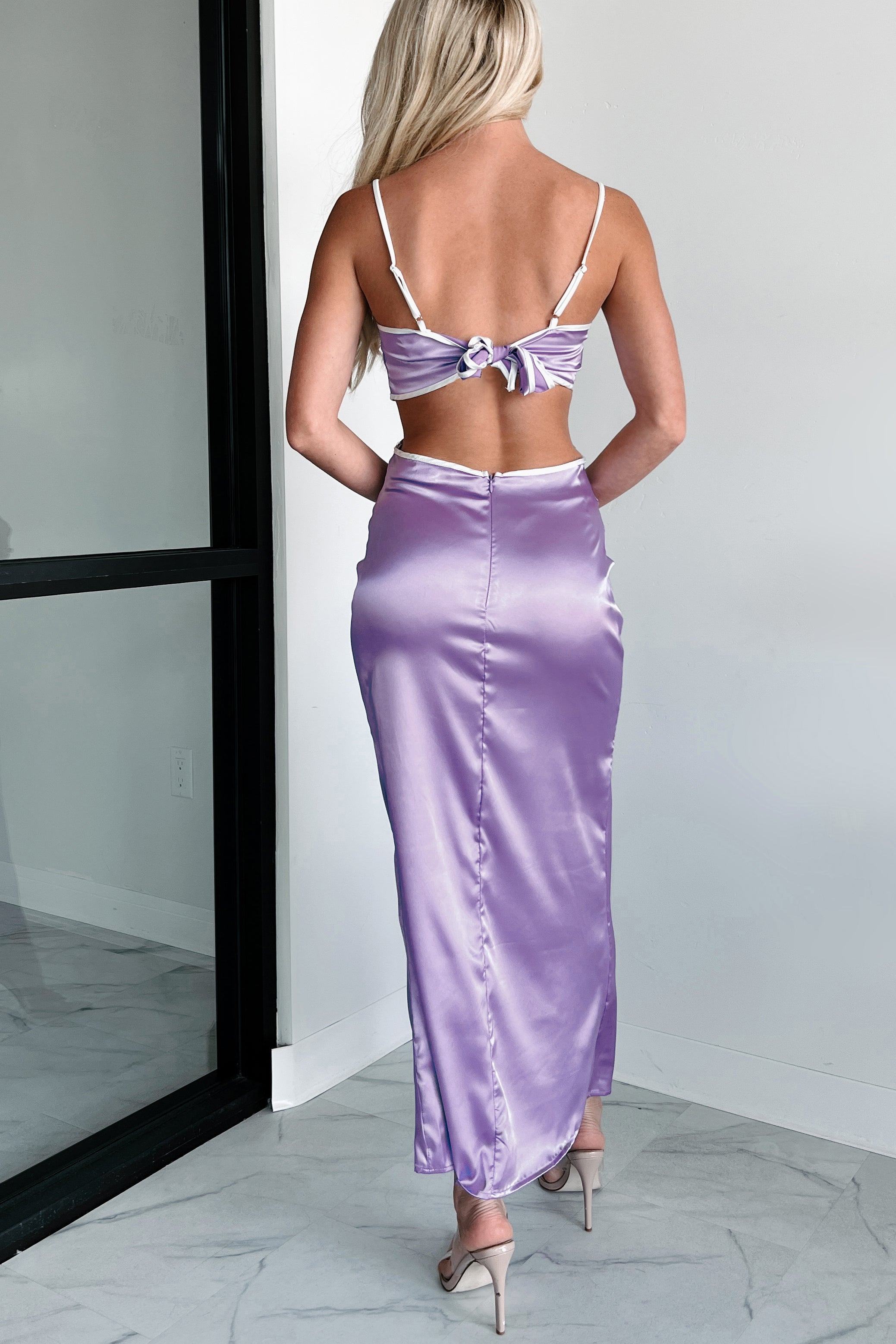 Women's Stylish Mentality Satin Tie-Back Maxi Dress in Lavender Women's Stylish Mentality Satin Tie-Back Maxi Dress in Lavender