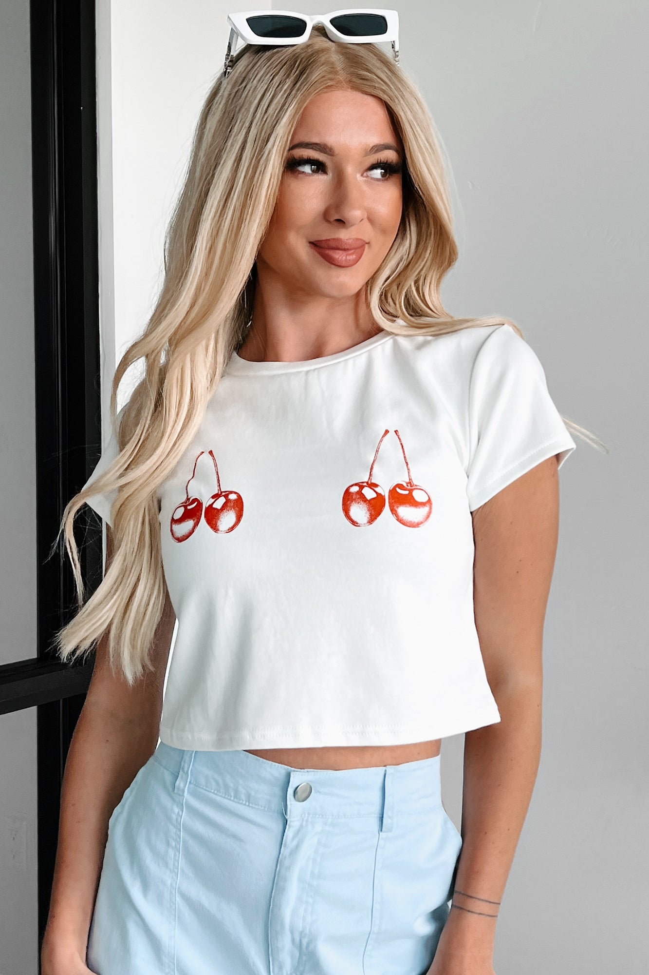 Caught You Staring Cherry Graphic Tee (Off White) - NanaMacs