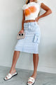 Trendy Locations Denim Wash Cargo Midi Skirt (Blue) - NanaMacs