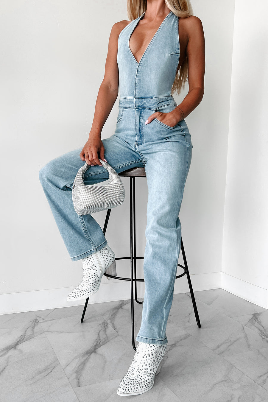 Eyes Over Here Halter Denim Jumpsuit (Blue) - NanaMacs