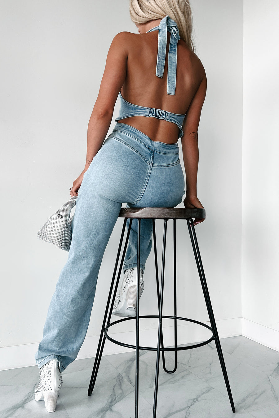 Eyes Over Here Halter Denim Jumpsuit (Blue) - NanaMacs