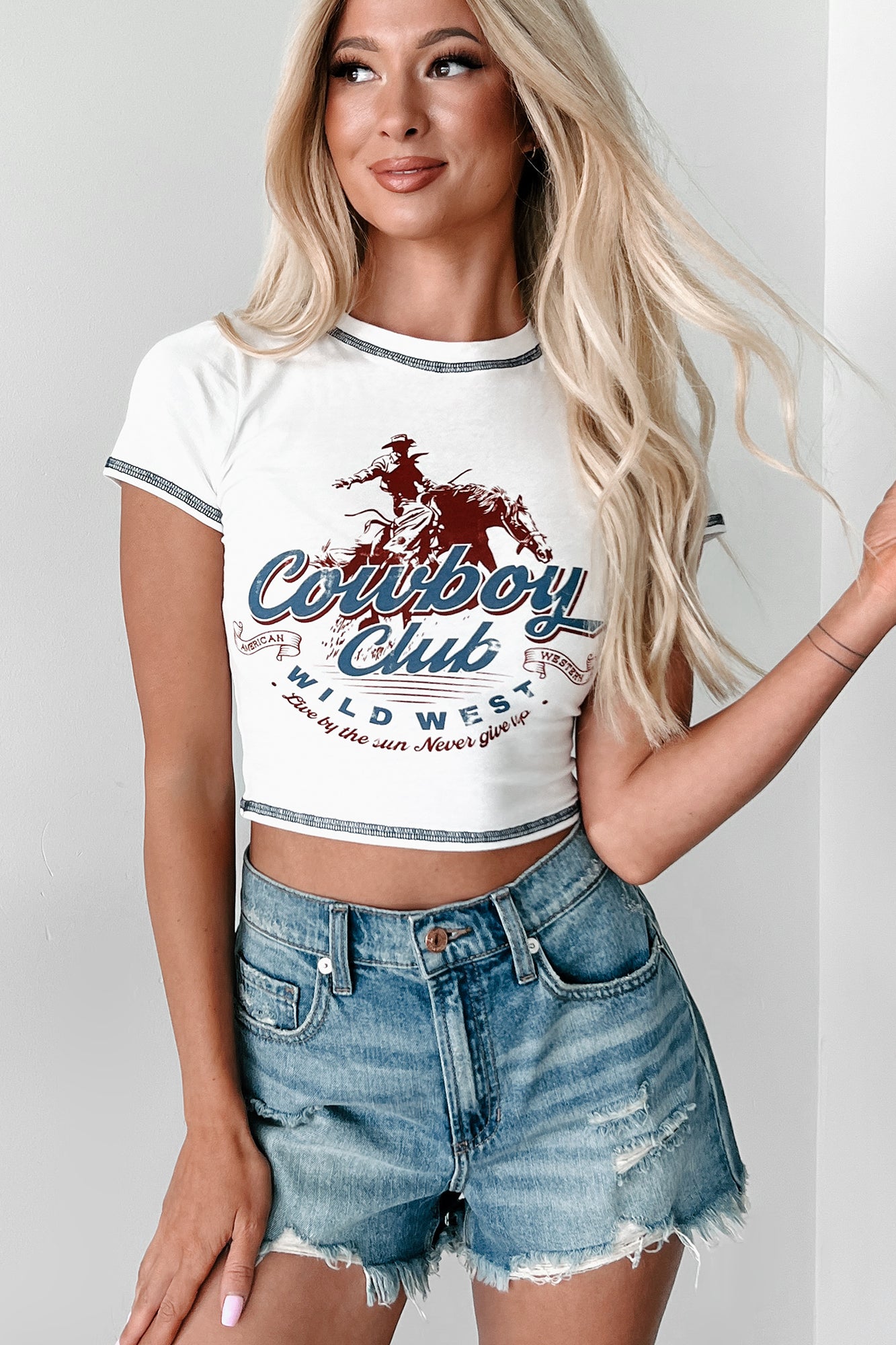 "Cowboy Club" Graphic Crop Tee (Ivory) - NanaMacs