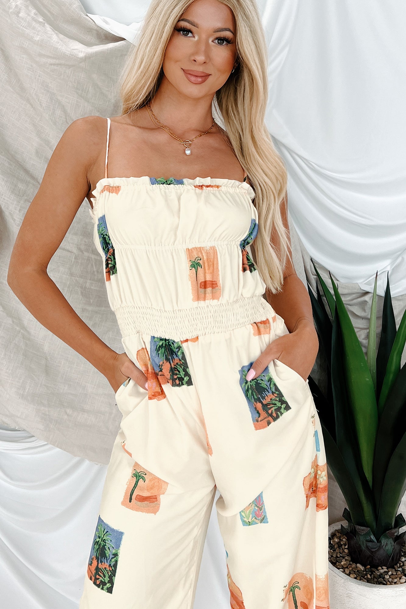 Sun & Done Printed Wide Leg Jumpsuit (Cream) - NanaMacs