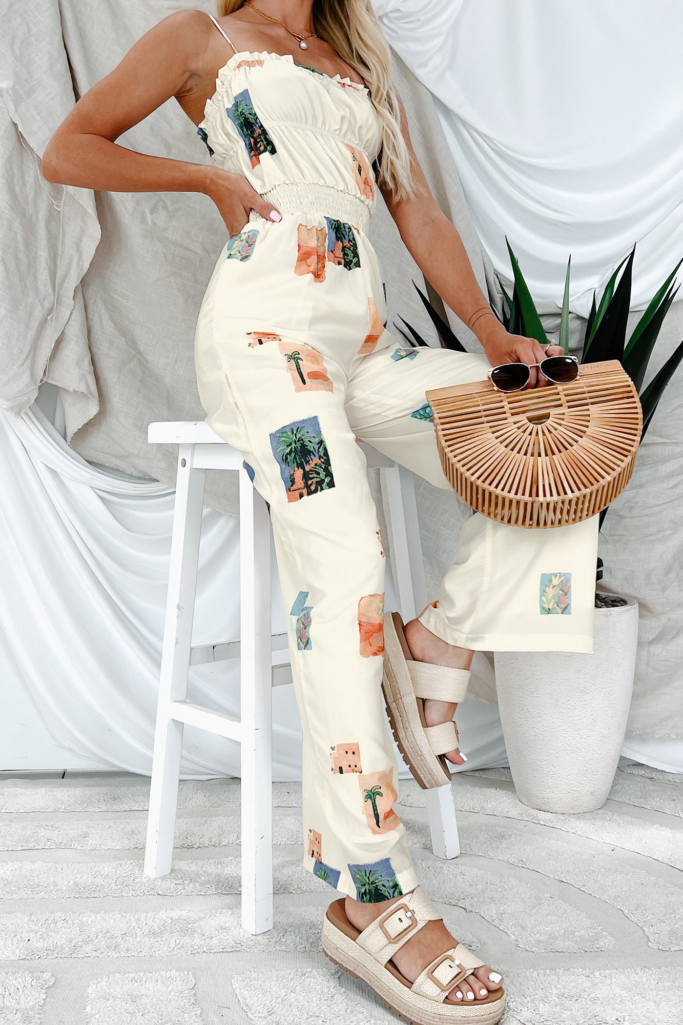 Sun & Done Printed Wide Leg Jumpsuit (Cream) - NanaMacs