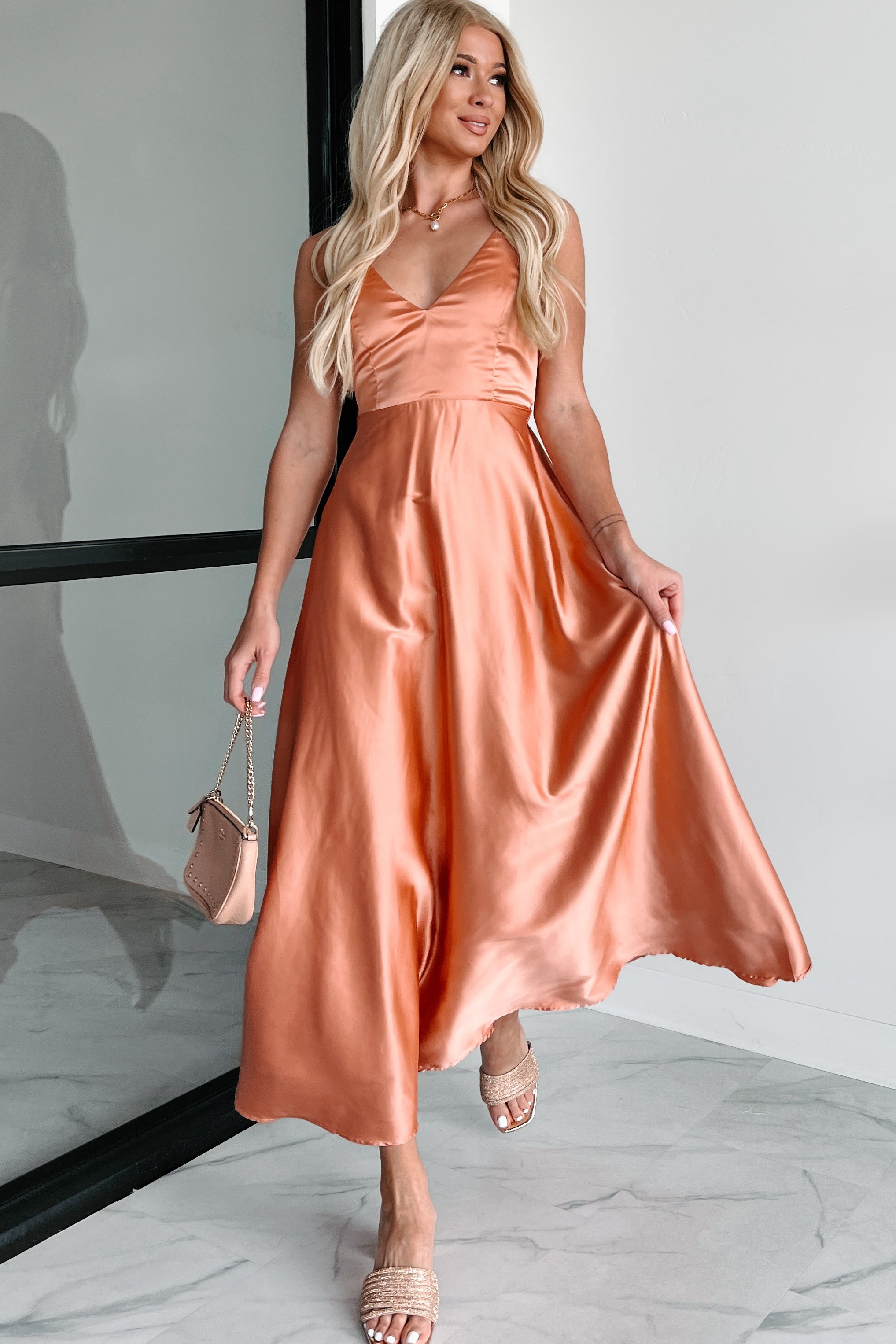 Luxurious Poise Satin Midi Dress (Light Rust) · NanaMacs