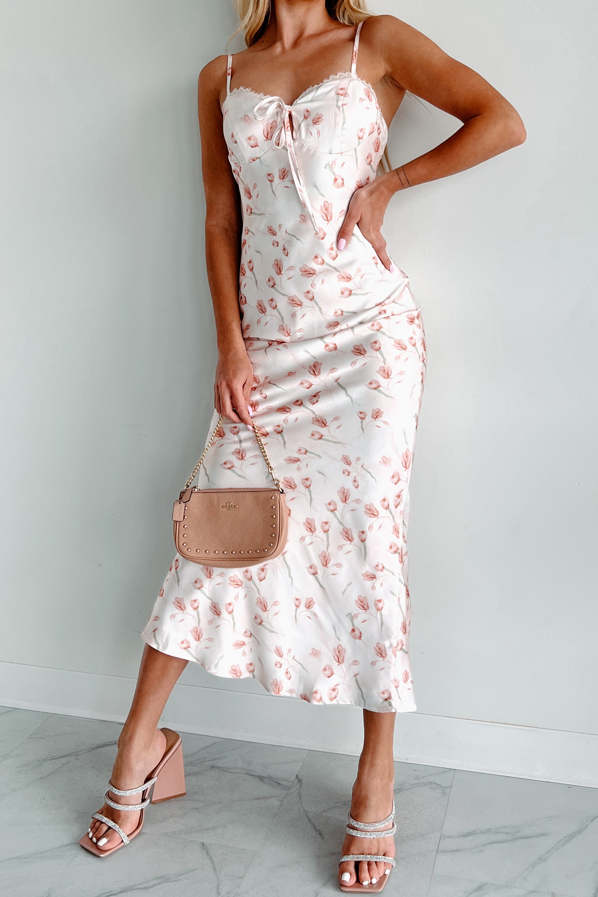 Enchanting Elegance Floral Satin Midi Dress Blush NanaMacs