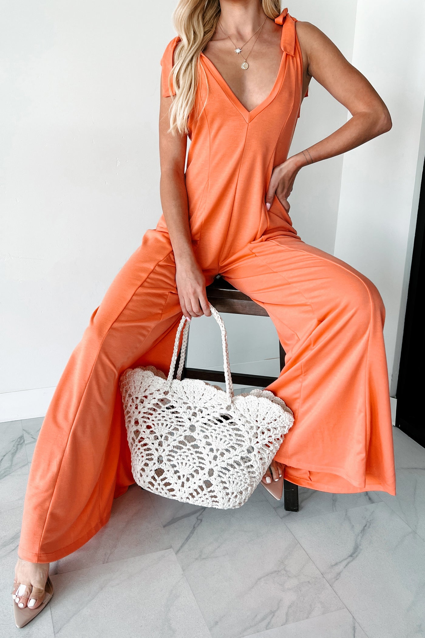 Iconic Comfort Shoulder Tie Wide Leg Jumpsuit (Light Peach) - NanaMacs