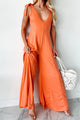 Iconic Comfort Shoulder Tie Wide Leg Jumpsuit (Light Peach) - NanaMacs