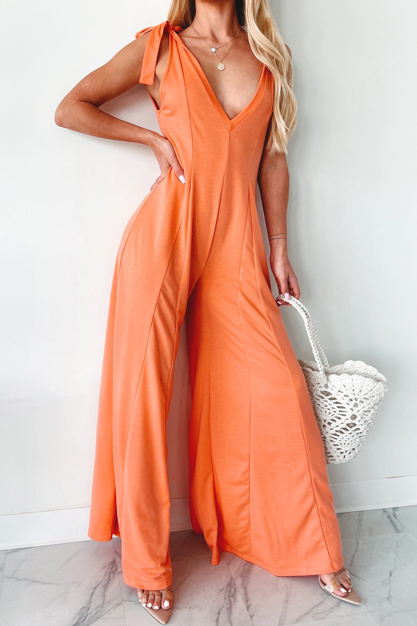 Iconic Comfort Shoulder Tie Wide Leg Jumpsuit (Light Peach) - NanaMacs