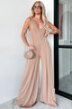 Iconic Comfort Shoulder Tie Wide Leg Jumpsuit (Sand) - NanaMacs