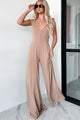 Iconic Comfort Shoulder Tie Wide Leg Jumpsuit (Sand) - NanaMacs