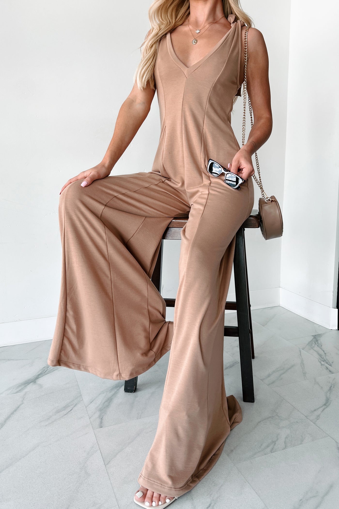 Iconic Comfort Shoulder Tie Wide Leg Jumpsuit (Sand) - NanaMacs