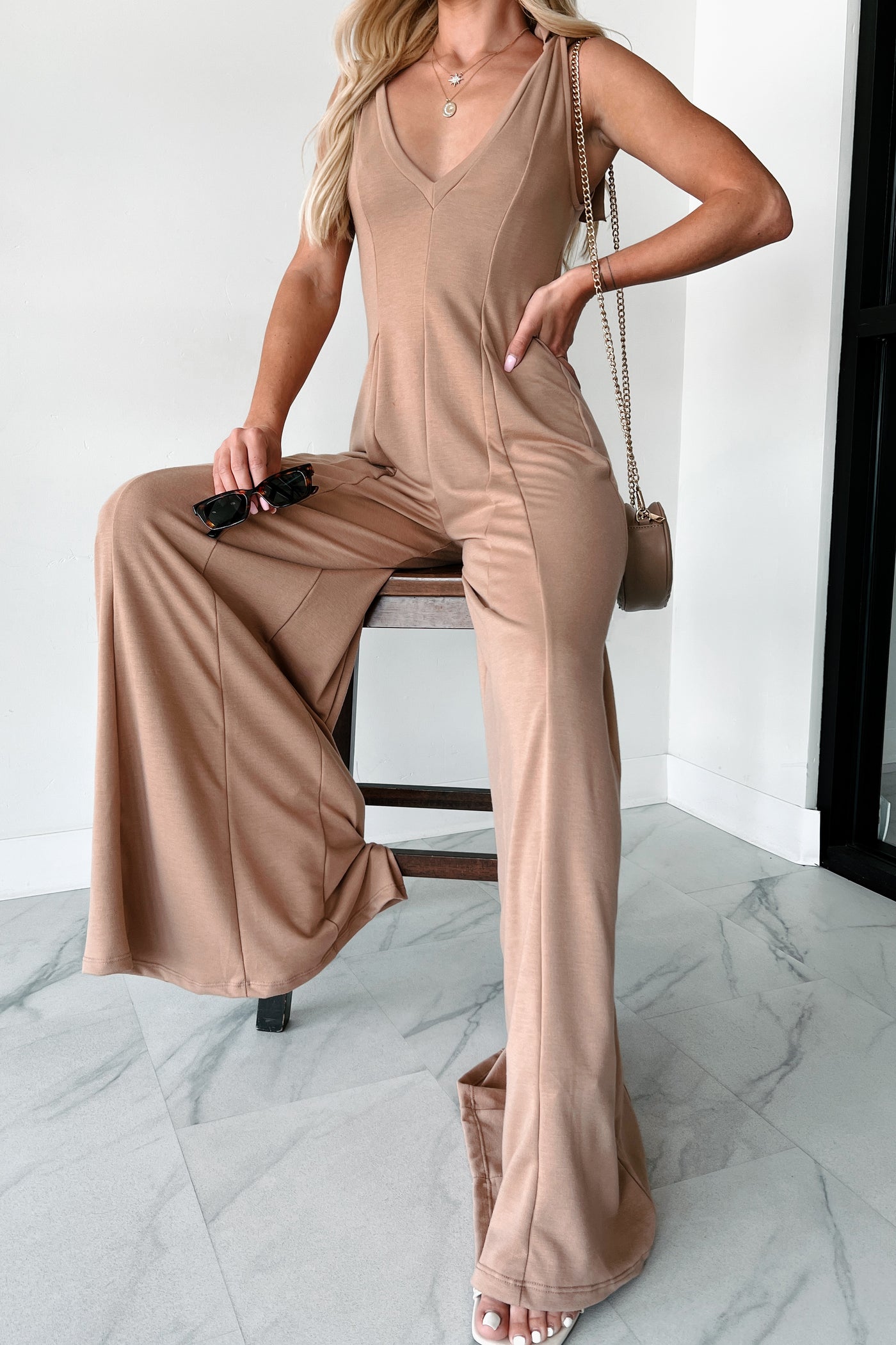 Iconic Comfort Shoulder Tie Wide Leg Jumpsuit (Sand) - NanaMacs