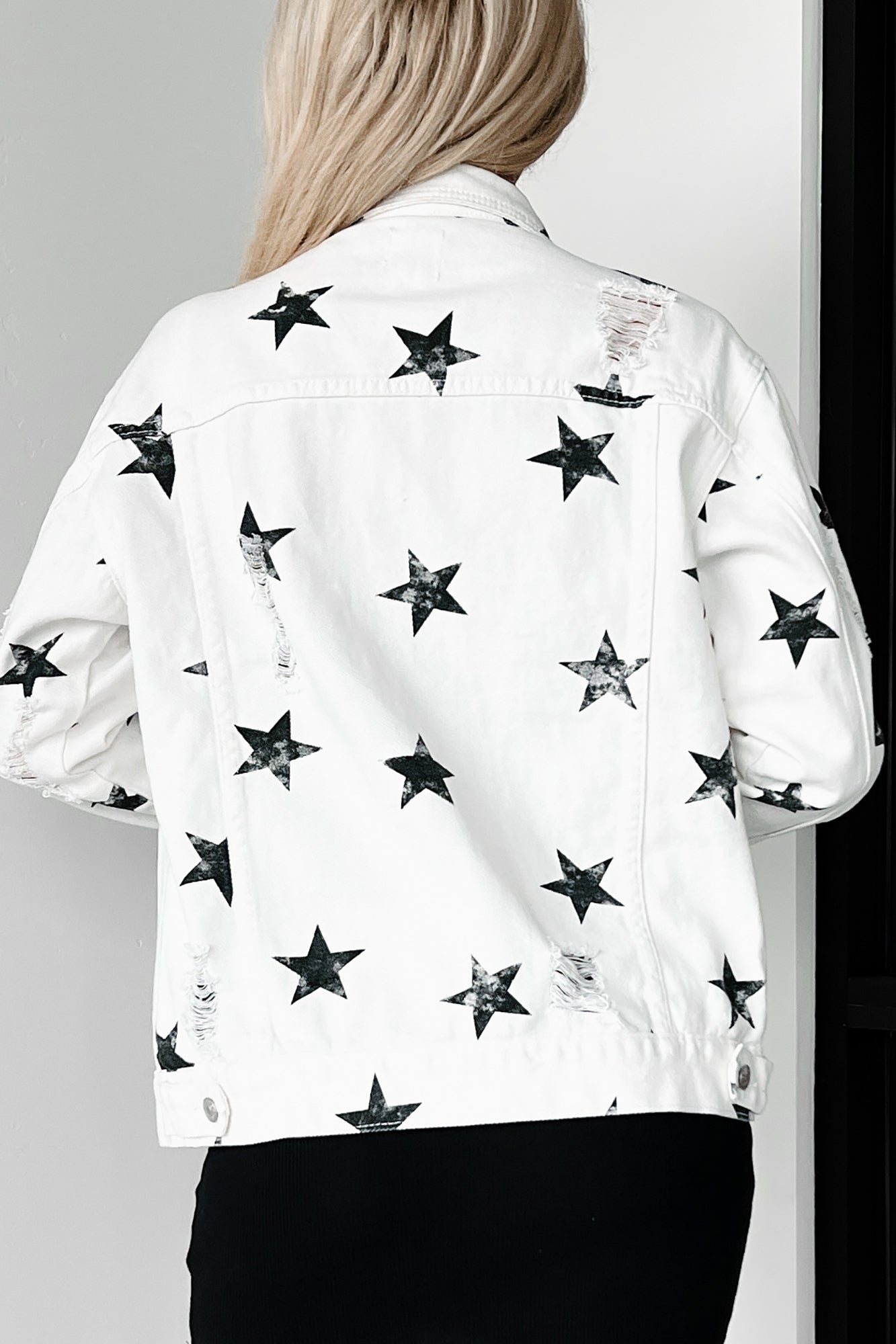 Reach For The Stars Distressed Denim Star Print Jacket (Off White) - NanaMacs