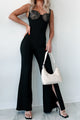 Beautiful Lie Lace Contrast Slit Flare Jumpsuit (Black) - NanaMacs