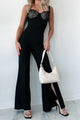 Beautiful Lie Lace Contrast Slit Flare Jumpsuit (Black) - NanaMacs