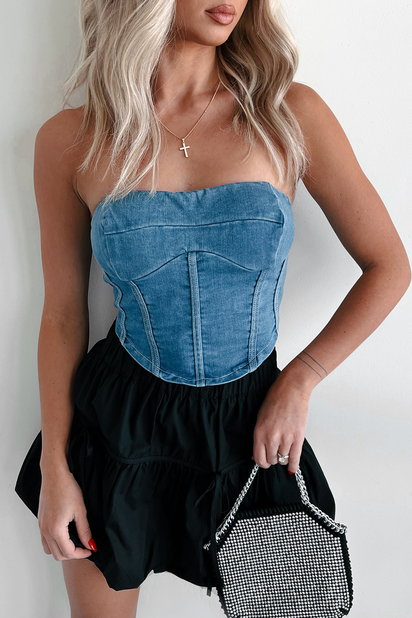 Burned Bridges Strapless Denim Crop Top (Medium-Light Denim) - NanaMacs