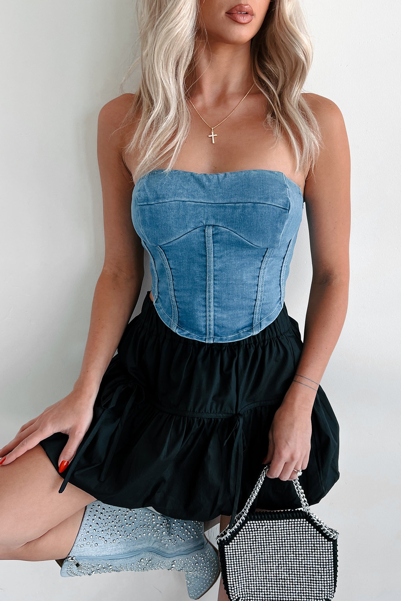 Burned Bridges Strapless Denim Crop Top (Medium-Light Denim) - NanaMacs