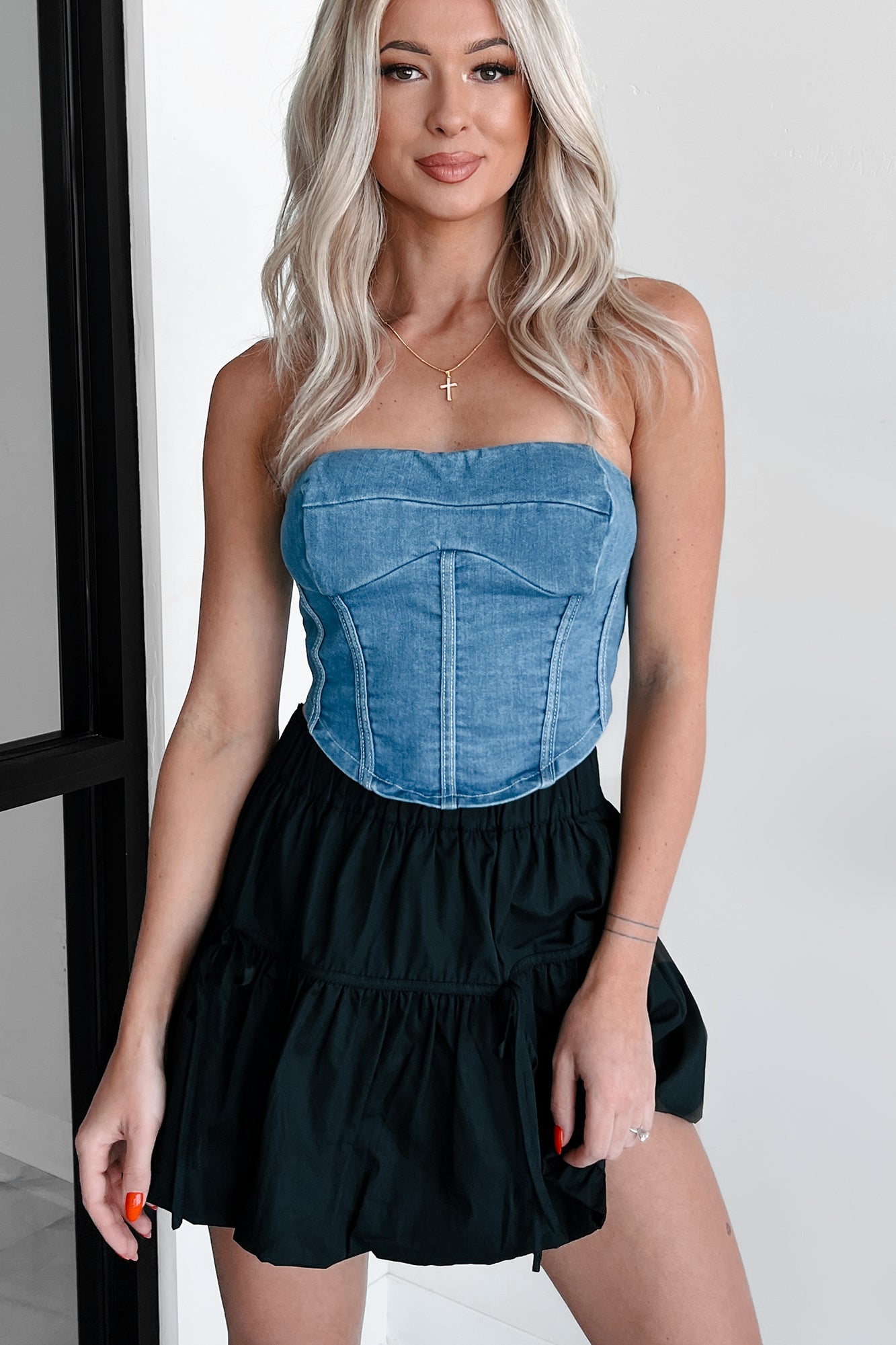 Burned Bridges Strapless Denim Crop Top (Medium-Light Denim) - NanaMacs