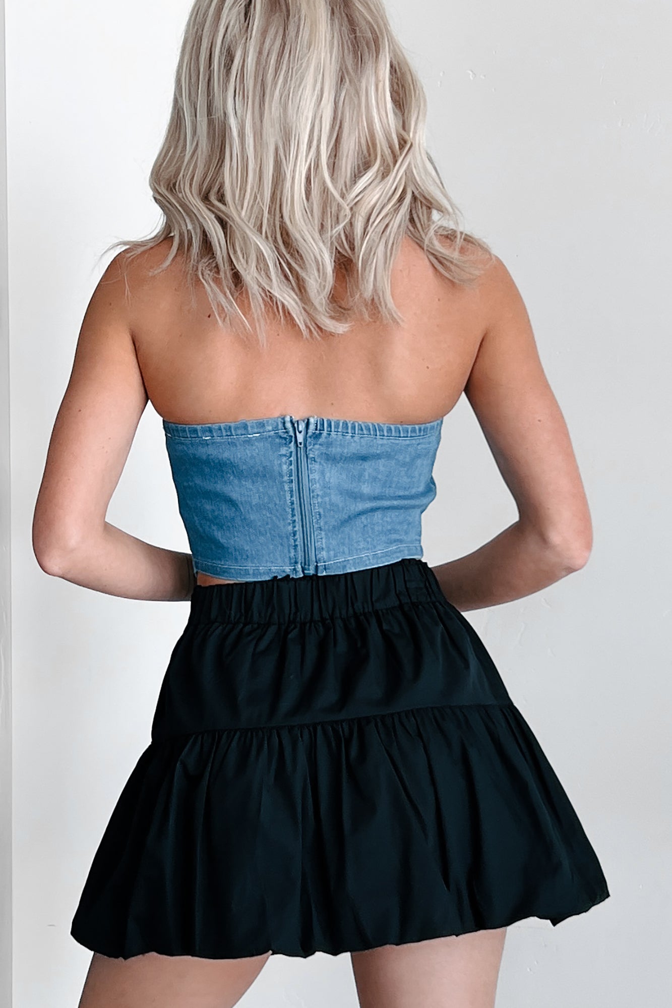 Burned Bridges Strapless Denim Crop Top (Medium-Light Denim) - NanaMacs