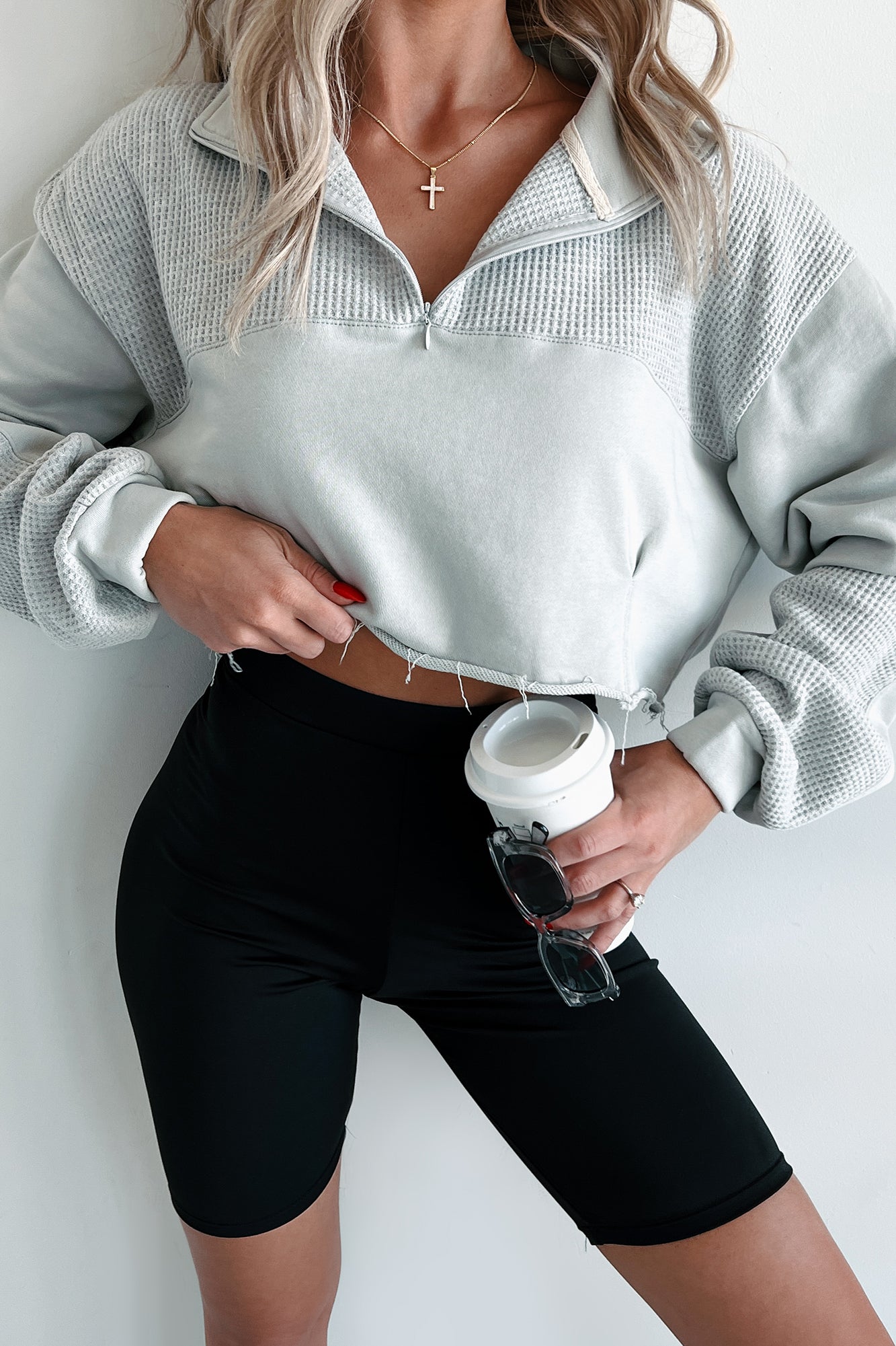 Breezy Days Quarter Zip Cropped POL Top (Light Grey) · NanaMacs